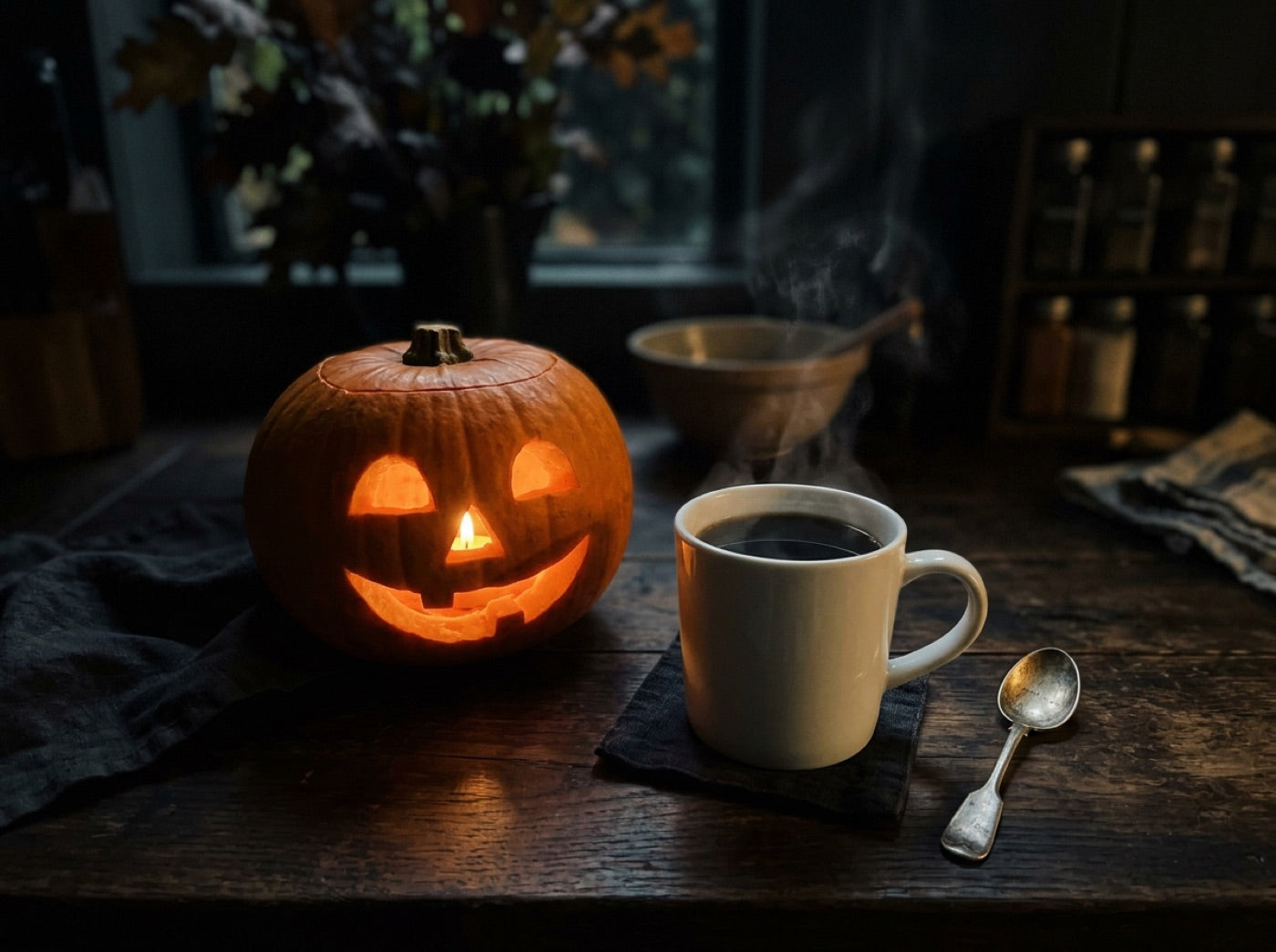 A glowing jack-o'-lantern beside a mug of coffee