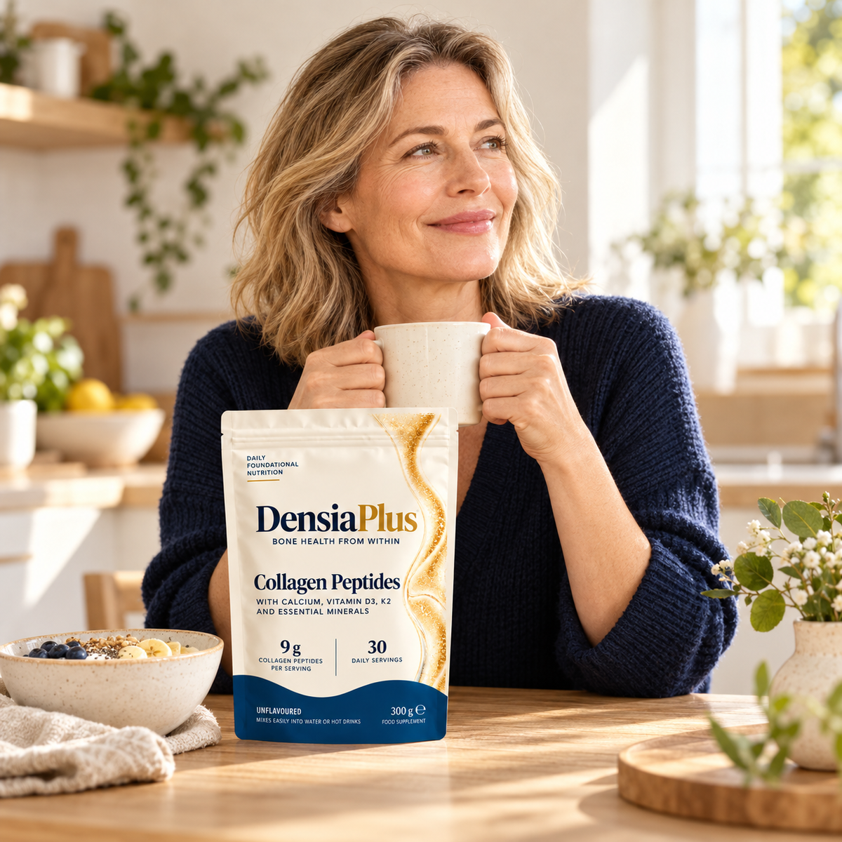 A woman smiling and holding a bag of DensiaPlus
