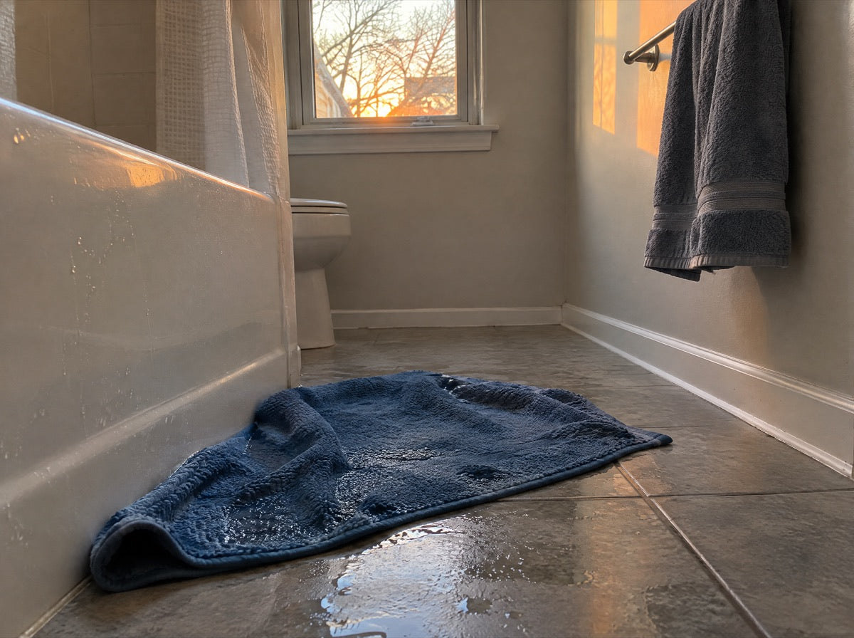 A bath mat slid across a bathroom floor