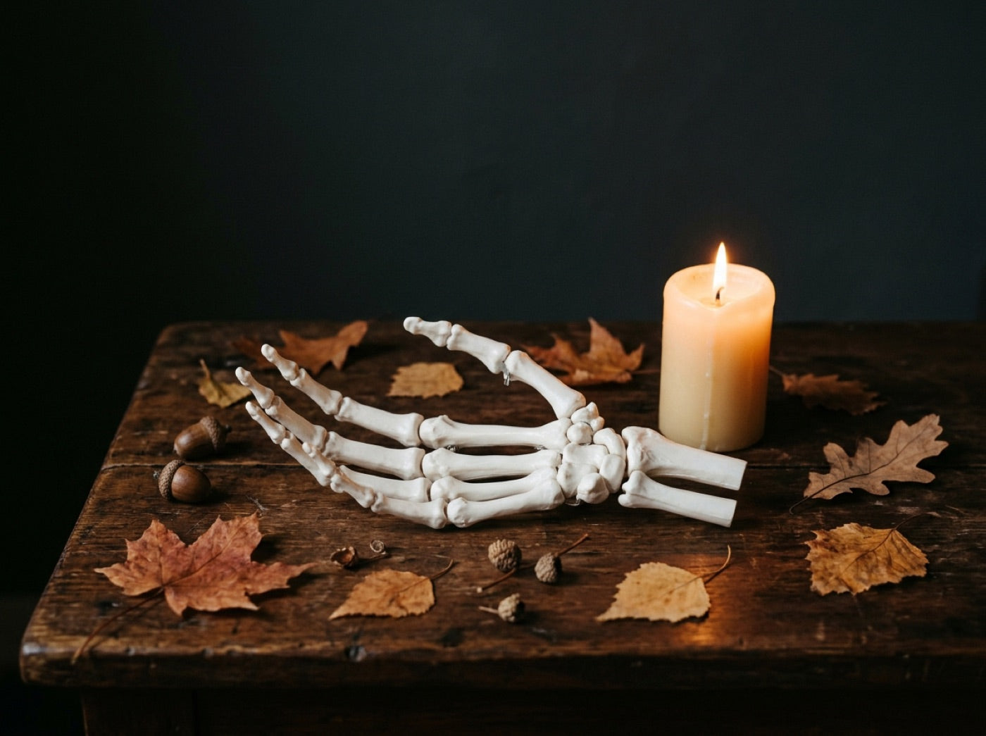 A model skeleton hand beside a lit candle and autumn leaves