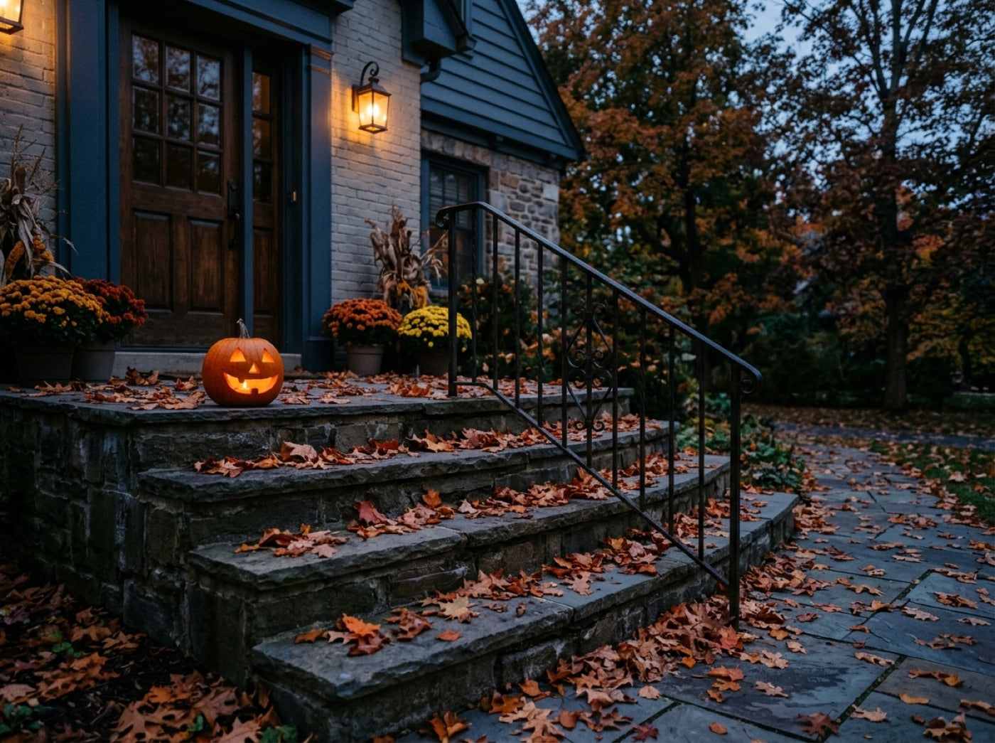 Stone front steps covered in autumn leaves at dusk, with a glowing pumpkin