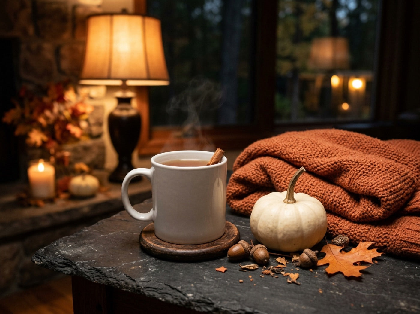 A mug of tea beside a small white pumpkin and a knit blanket